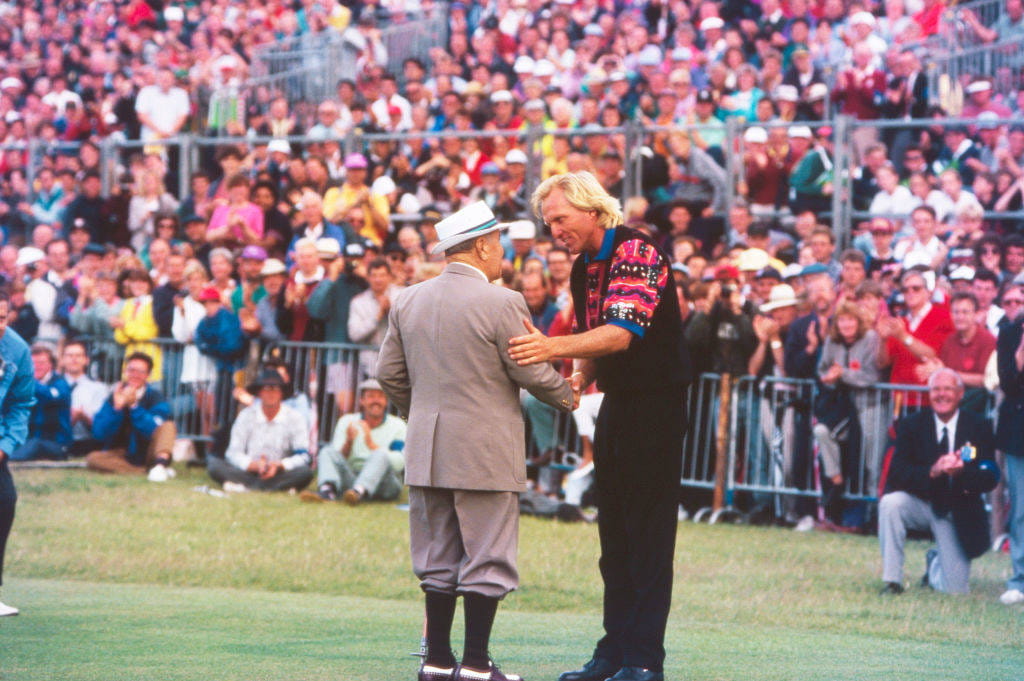 Gene Sarazen congratulates Greg Norman on his Open victory at Royal St George's